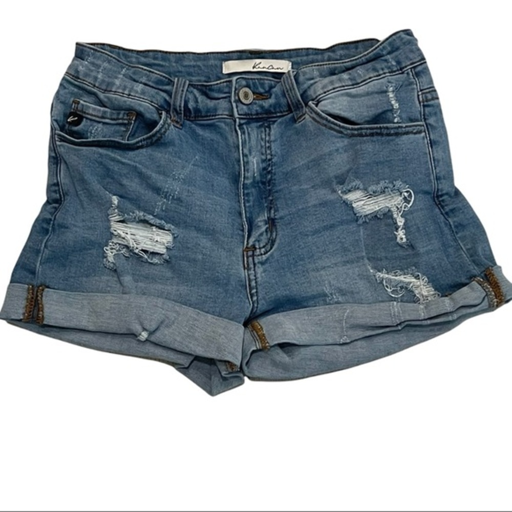 KANCAN Stretchy Blue Distressed Rolled Cuff Short Jean Shorts Size 7/27